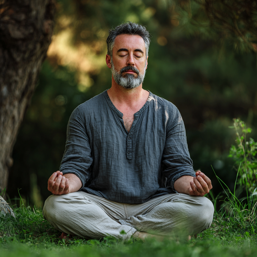 Serene Ukrainian man in his 60s practicing breathing meditation outdoors surrounded by nature with gentle sunlight